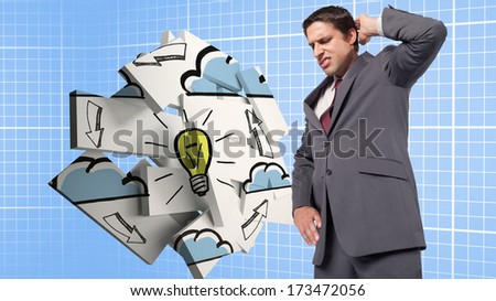 Thinking businessman scratching head against blue background with grid