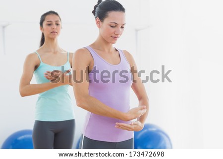 Beautiful young sporty women doing pilate exercises in fitness studio