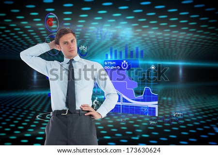 Thinking businessman with hand on head against keyhole on technological glowing background