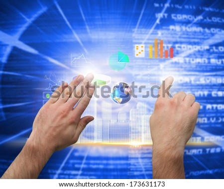 Hands pointing and presenting against futuristic glowing circles, Elements of this image furnished by NASA