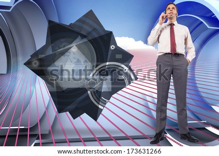 Thinking businessman holding glasses against pink pattern with cloud design on a futuristic structure