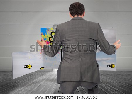 Businessman posing with hands out against open door leading to bright window