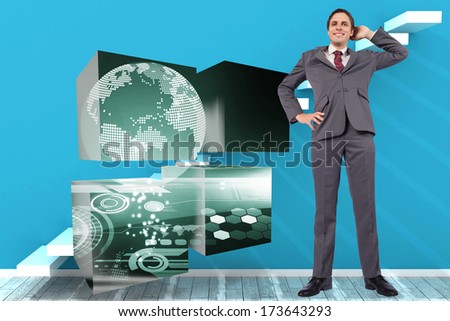 Thinking businessman scratching head against steps in a blue room