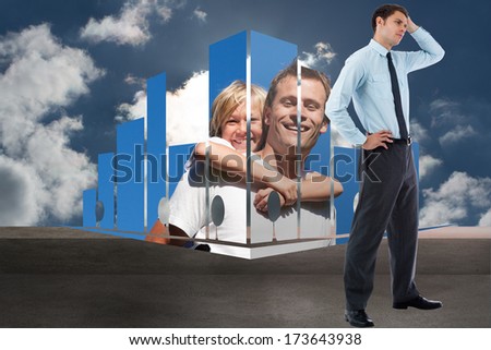 Thoughtful businessman with hand on head against balcony and cloudy sky