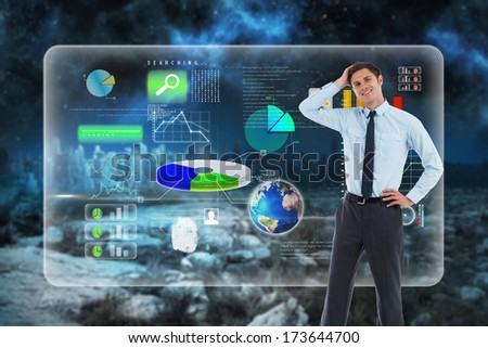 Thoughtful businessman with hand on head against serene landscape with city on the horizon at night, Elements of this image furnished by NASA