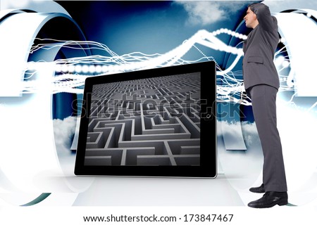 Thinking businessman scratching head against white lines with cloud design on a futuristic structure