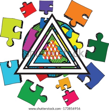Triangle earth and jigsaw pieces on white background