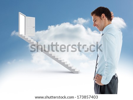 Thinking businessman with hand on head against steps leading to open door in the sky