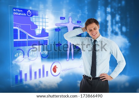 Thinking businessman with hand on head against futuristic shiny arrow pointing upwards
