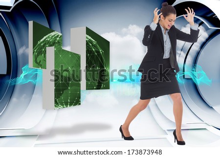 Angry businesswoman gesturing against abstract blue design on clouds in structure