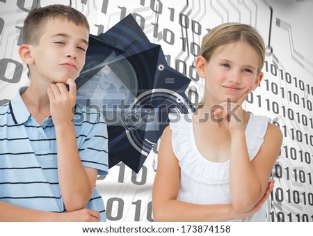 Thoughtful brother and sister posing together against binary code on circuit board