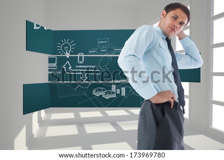 Thinking businessman with hand on head against white room with windows