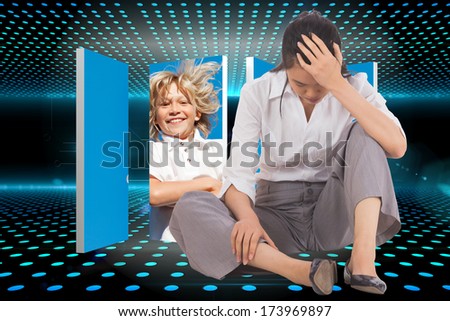Depressed businesswoman sitting with hand on head against doorway on technological glowing background