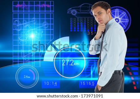 Thoughtful businessman with hand on chin against technology car interface