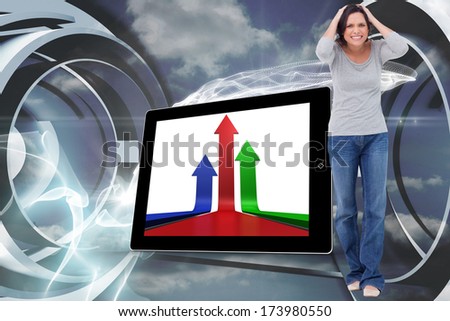 Angry young woman against cloud and energy design on a futuristic structure