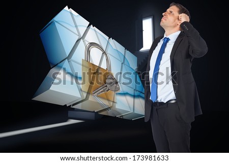 Thinking businessman scratching head against door opening revealing light at top of steps