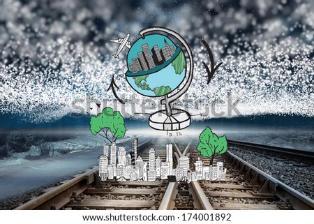 Global travel doodle over cityscape against train tracks under blanket of bright stars
