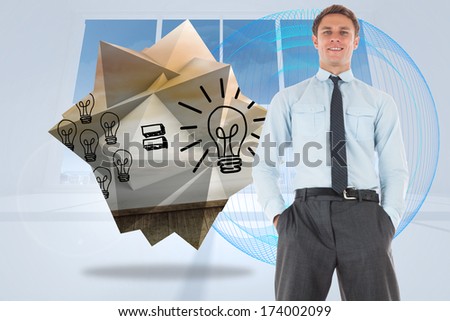 Happy businessman standing with hands in pockets against abstract blue design in white room