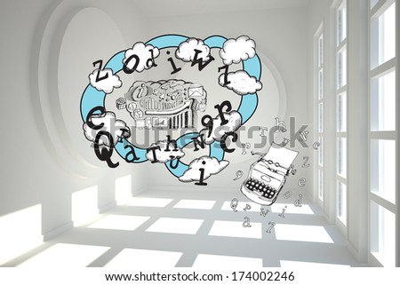 Brainstorm and cloud computing doodle with typewriter against white room with circles at wall