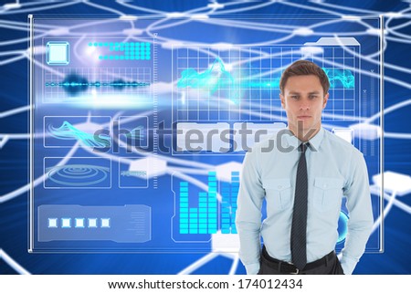 Serious businessman with hands in pockets against glowing dots connected with lines