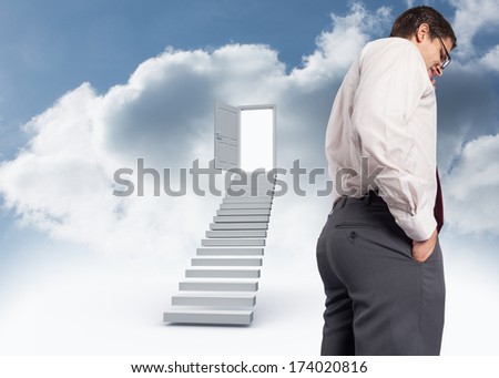 Thinking businessman touching his glasses against open door at top of stairs in the sky
