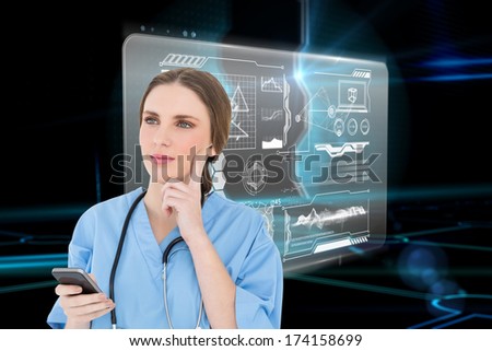 Young woman doctor thinking against doorway on technological black background