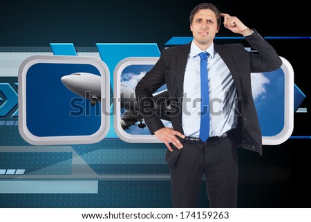 Thinking businessman scratching head against arrows on technical background