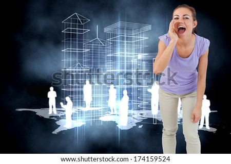 Young female shouting against online community background