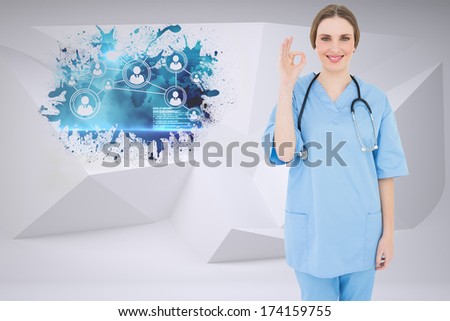 Woman doctor giving a signal that everything is fine against splash showing global community