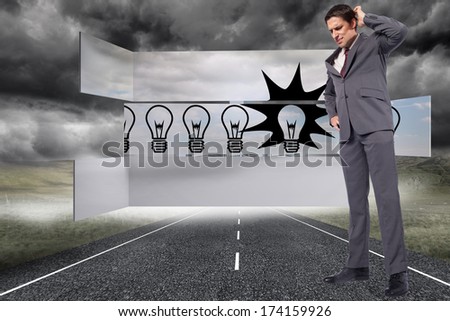 Thinking businessman scratching head against cityscape on stormy landscape background
