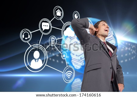 Thinking businessman scratching head against digital earth background