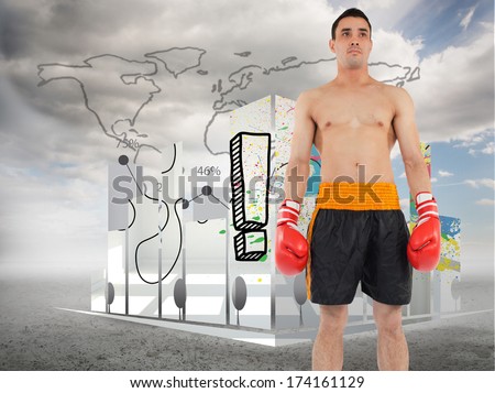 Boxer standing against global statistic on sky background