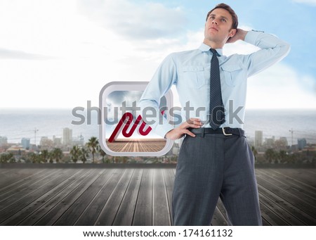 Thinking businessman with hand on head against ocean scenic view