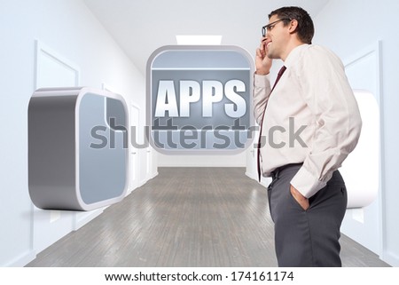 Thinking businessman touching his glasses against bright hallway with several doors