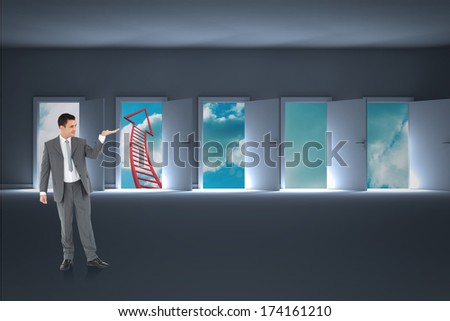 Businessman looking at what he is presenting against doors opening to show red arrow and sky