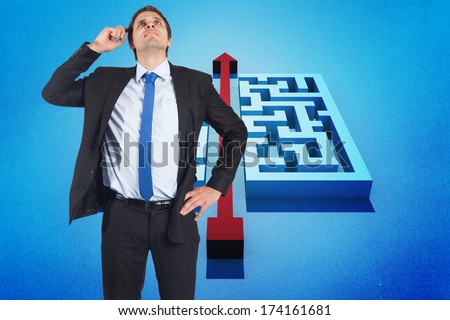 Thinking businessman scratching head against red arrow cutting through maze