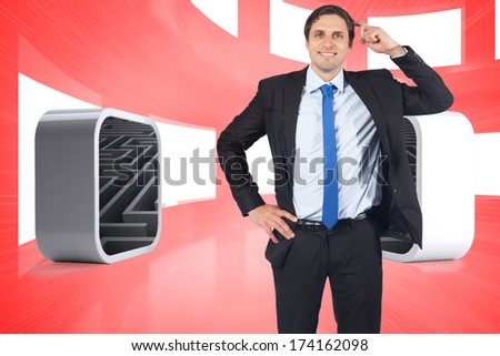 Thinking businessman scratching head against bright red room with windows