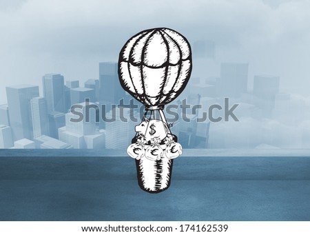Cash in hot air balloon doodle against cityscape in the fog