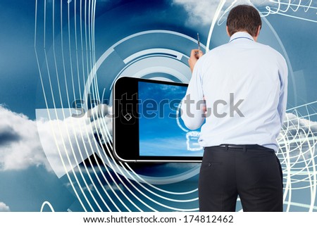 Thinking businessman holding pen against energy design on a futuristic structure