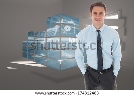 Happy businessman standing with hands in pockets against digitally generated room with bordered up window