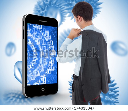 Businessman holding his jacket against blue virus cells