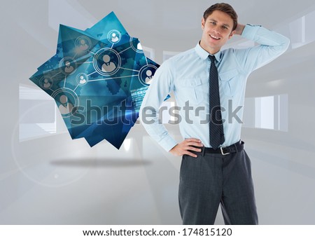 Thinking businessman with hand on head against bright white room with windows