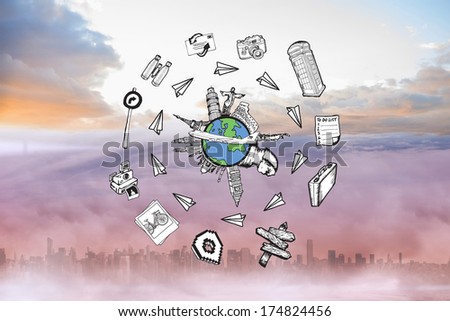 Landmarks of the world doodle against cityscape in the clouds