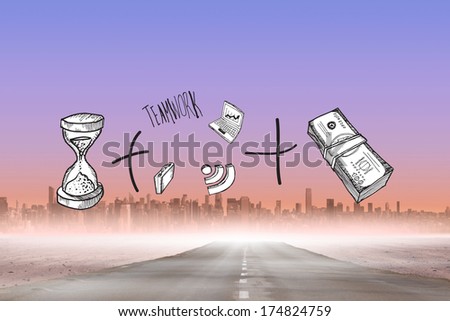 Time and money doodle against road leading out to the horizon