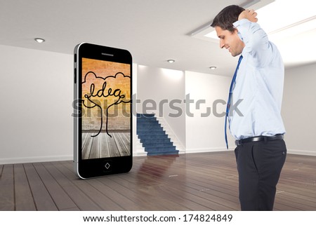 Thinking businessman scratching head against digitally generated room with stairs
