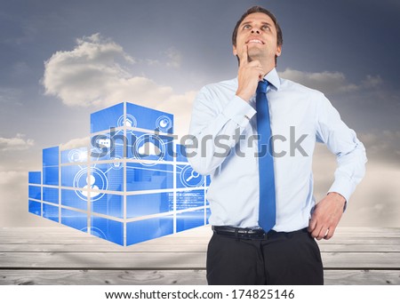 Thinking businessman touching his chin against floorboards in the sky