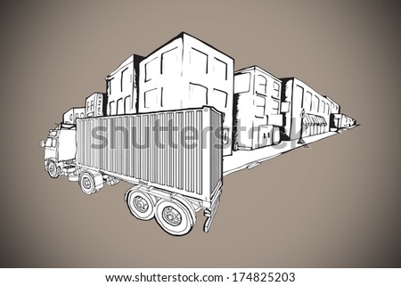 Urban street with lorry doodle against grey background with vignette