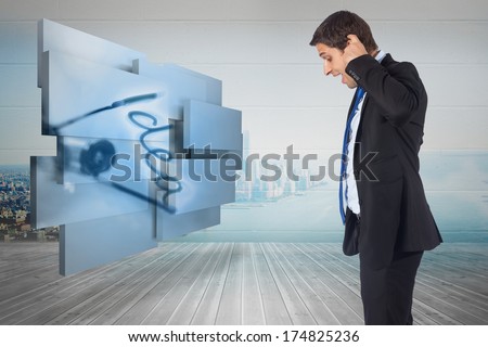 Thinking businessman scratching head against city scene in a room