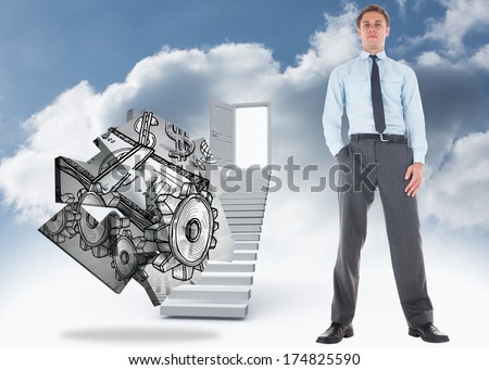 Serious businessman standing with hand in pocket against open door at top of stairs in the sky