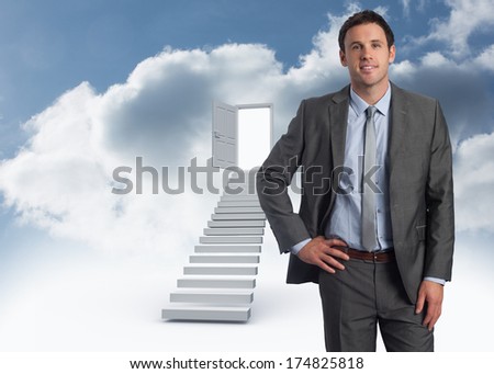 Smiling businessman with hand on hip against open door at top of stairs in the sky